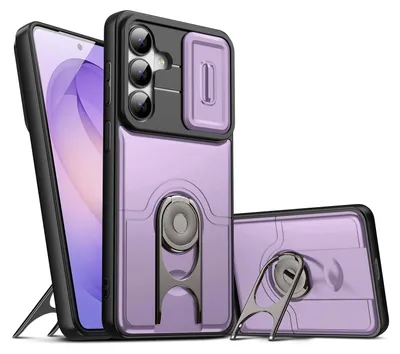 Image de Coque de téléphone pour Samsung Galaxy S26 avec protection d'appareil photo coulissante et support anneau, coque hybride antichoc, couleur violette