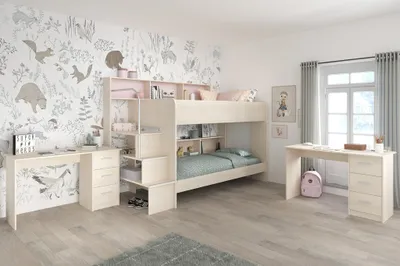 Produktbild von Etagenbett Bibop 74 – mit Regalwand, Lattenrost & 2 Schreibtischen
