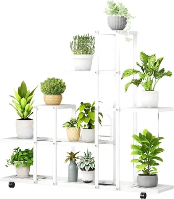 Productafbeelding van Europees plantenrek van metaal met wielen – Ruimtebesparend plantenrek, wit – Meerlaags bloempotrek voor binnen en buiten