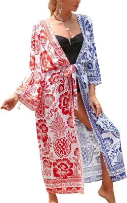 Productafbeelding van Lang boho-vest en maxi-strandjurk met bloemenprint voor dames, eenheidsmaat