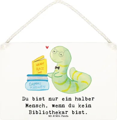 Produktbild von Mr. & Mrs. Panda Schild Bibliothekar Herz DIN A6 - Weiß - Geschenk, Türschild, Beruf, Buchhandlung, wandtafel, holzbild, Bibliothek, Spruch, hängeschild, Holzschild