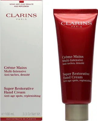 Imagen del producto de Crema de manos Clarins Super Restorative Age-Control, crema, para mujeres, uso universal, antiedad, antiarrugas, reafirmante, nutritiva, voluminizante, nutritiva..., 100 ml, tubo
