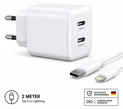 Produktbild von USB-C Ladegerät mit 2 USB-C Anschlüssen Netzteil Universal – Weiß / Lightning 2 Meter