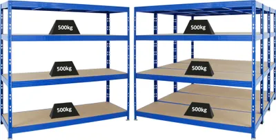 Produktbild von Mega Deal | 4x Profi Schwerlastregal Rhino | HxBxT 180x200x60cm | 4 Spanplatten-Ebenen 8mm | Fachlast 500kg | Blau
