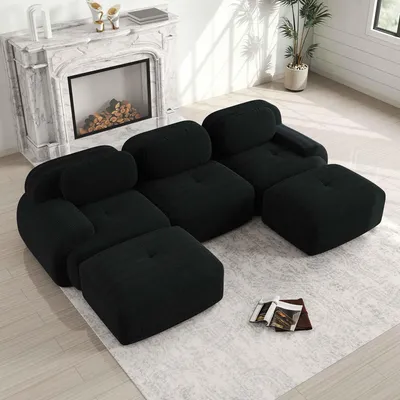 Produktbild von 3-Sitzer U-Sofa modular aus Cordstoff, rahmenlos ohne Montage, rutschfest, extra breite Armlehnen, ergonomisch, Schwarz