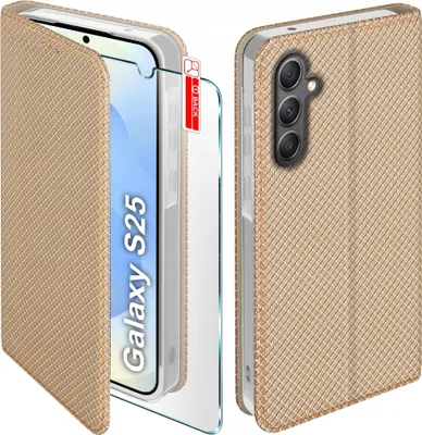 Obrázok produktu pre Flipové puzdro pre Samsung S25 Uzamykateľné zlaté puzdro + sklo 9H