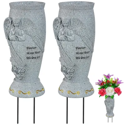 Produktbild von 2er-Set Grabvasen mit Engelmotiv – wetterfeste Grabschmuck-Vase aus Kunstharz mit Erdspieß