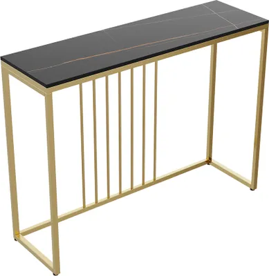A console table with a black marble top and gold metal frame, shown against a white background.