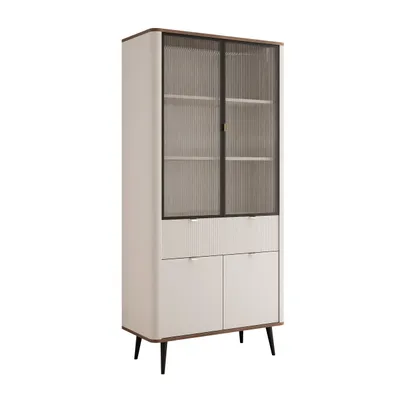 Produktbild von Zweitüriger Hohe Standvitrine NAVANI 90 cm Glasvitrine mit Schublade Vitrine Wohnzimmerschrank Glasschrank Kaschmir + Nussbaum Aufbewahrungsschrank