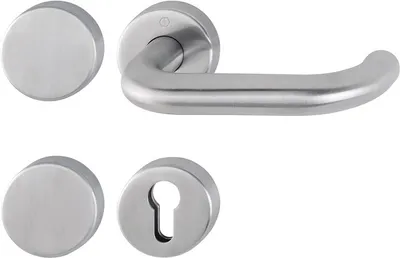 A set of stainless steel door handles and escutcheons on a white background.
