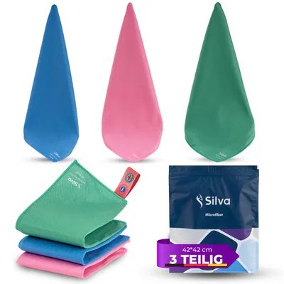Produktbild von Silva Hochwertige Mikrofasertücher - Streifenfreie Fenster- und Spiegelreinigung, Küche & Magisches Reinigungstuch - Mix 3er Set - Grün & Blau & Rosa