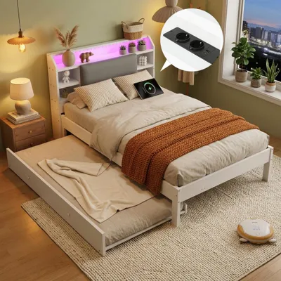 Produktbild von Holzbett 120x200 cm mit Ausziehbett 90x190 cm, weißes Funktionsbett mit gepolstertem Kopfteil, LED-Lichtleiste, Kopfteilregal und Ladestation, Ausziehbett links/rechts montierbar