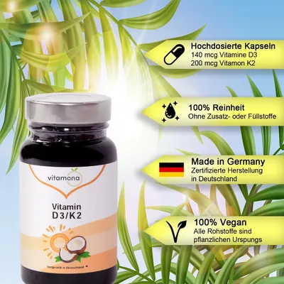 Produktbild von Vitamona Vitamin D3 + K2 Kapseln 60 Stück Vegan
