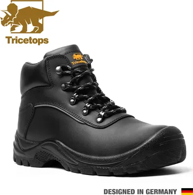 A black work boot is shown against a white background, with branding and text overlays.