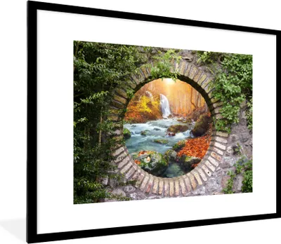 Produktbild von MuchoWow® Gerahmtes Poster Herbst - Wasserfall - Natur - Aussicht 80x60 cm - Poster mit Schwarzem Bilderrahmen Wandposter Rahmen Foto Bilder - Schlafzimmer-Dekorationen - Fotoposter
