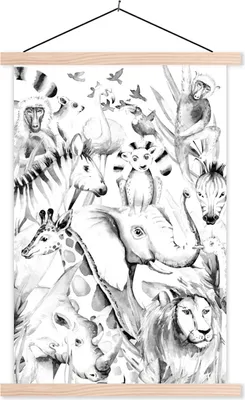 Produktbild von MuchoWow® Textilposter Aquarelle - Tiere - Dschungel - Pastell - Jungen - Mädchen - Kinder - Kinder 120x180 cm mit holzfarbenen Rahmen - Textil-Plakat
