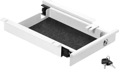 A white document drawer with a dark gray felt lining and black sliding mechanisms, shown from a diagonal angle. Two keys are visible in the bottom right corner.