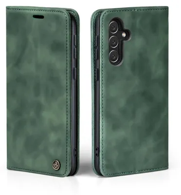 A green flip case for a Samsung Galaxy A54 5G phone is shown from two angles.