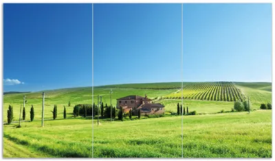Produktbild von Wallario Herdabdeckplatte aus Glas, Größe 90 x 52 cm 3-teilig, Motiv Farm in der Toskana