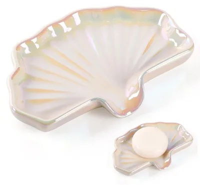 Image de Récipient à savon en céramique, forme coquillage, effet nacré, blanc