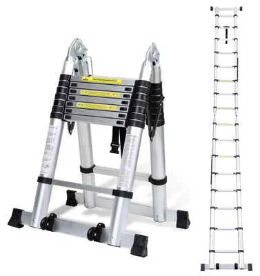 Obrázek produktu pro Teleskopický žebřík žebřík - 5 m - Hliník - 150 kg nosnost - 8 + 8 příček