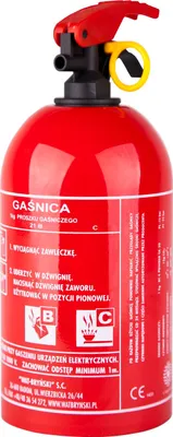 A red fire extinguisher with instructions and safety symbols on a white background.