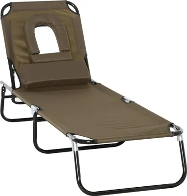 Produktbild von Sonnenliege klappbar Gartenliege mit Kopfkissen Liegestuhl mit 4-Fach verstellbare Rückenlehne Campingliege Gesichtsöffnung bis 120kg belastbar für Garten, Balkon und Pool Braun