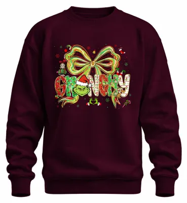Imagen del producto de Sudadera o jersey retro uni con diseño divertido de "Grinch" navideño, con motivos de Santa Claus y un lazo, color burdeos, talla M