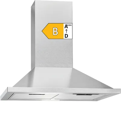 A stainless steel range hood with an energy efficiency label.