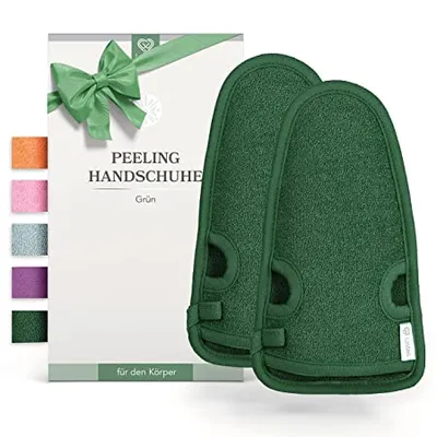 Produktbild von LoWell® 2 Stück Peelinghandschuh - Hamam Peeling Handschuh für Körper und Gesicht - Bonus Peeling Guide und 2 Saugnäpfe - Grün