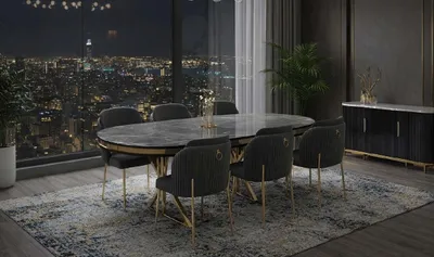 Productafbeelding van Eettafel met 6 stoelen, moderne stijl, zwart, comfortabel, ovaal