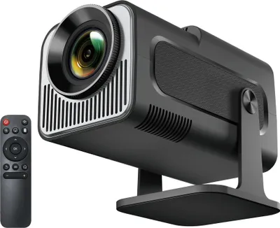 A black projector and its remote control are shown against a white background.