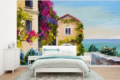 Produktbild von MuchoWow® Fototapete für Wohnzimmer oder Schlafzimmer Wandtapete Vinyl Motivtapete Malerei - Haus - Ölfarbe - Dorf - 350x260 cm - Wohnzimmer-Tapete