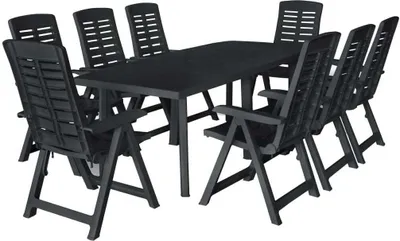 A black plastic garden dining set with a table and eight chairs, displayed on a white background.