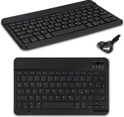 A black wireless keyboard and its charging cable are shown against a white background.