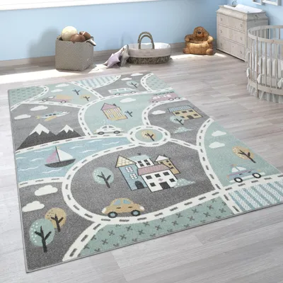 Produktbild von Kinder-Teppich Mit Straßen-Motiv, Spiel-Teppich Für Kinderzimmer, In Grün Grau Grösse 120x170 cm