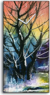 Produktbild von Küche Wohnzimmer Wand Leinwand Uhr 30x60 Wasserfarbe Landschaft Wald Bäume - weiße Hände