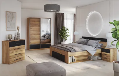 Produktbild von Schlafzimmer Komplett-Set mit Schwebetürenschrank und Bett 180x200 cm, Eiche mit schwarz, 5-teilig - BIRMINGHAM-83