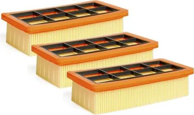 Three air filters are arranged diagonally on a white background.