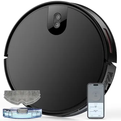 A black robot vacuum cleaner is shown with its accessories and a smartphone displaying its app.