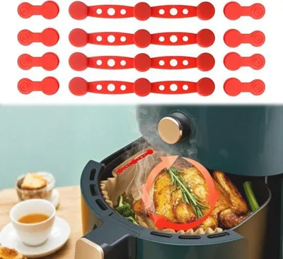 Productafbeelding van Siliconen clips voor heteluchtfriteuse, rood, 4 sets van 12 stuks, voor het veilig bevestigen van bakpapier.