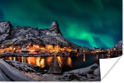 Produktbild von MuchoWow® Poster Nordlicht - Island - Schnee - Dorf - Grün - Berge 120x80 cm - Bilder