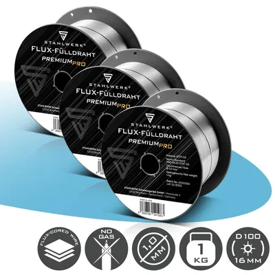 Obrázek produktu pro STAHLWERK sada 3 ks jádrového drátu FLUX E71T-GS 1 mm 1 kg cívka drátu D100 MIG MAG