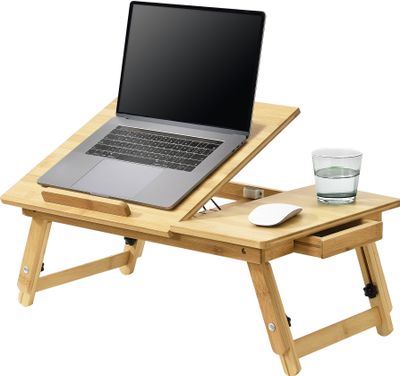 Bambus Laptoptisch Trysil 55 x 35 x 28 cm Notebooktisch für max. 17" Notebooks Lapdesk Betttisch mit Schublade Klappbar Höhenverstellbar