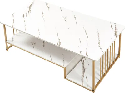 Produktbild von Couchtisch 'Klibro' mit 2 Ablagen 120 x 60 x 42 cm Marmoroptik, weiß / Goldfarben
