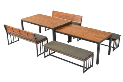 Produktbild von Merxx Gartenmöbel Set Milos, 4 Bänke inkl. Kissen, Flex Ausziehtisch 160 (320) x 90 (79) x 76 (67,5) cm- Aluminium/Akazie