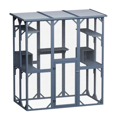 Immagine prodotto di Recinto per gatti da esterno Wiltec 170 x 88 x 180 cm, recinto per gatti da esterno in legno con tetto in asfalto, recinto da esterno a diversi livelli, recinto per gatti per giardino, balcone