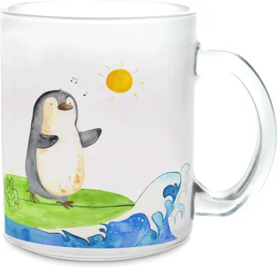 Produktbild von Mr. & Mrs. Panda Pott Pinguin Surfer - Transparent - Geschenk, Teeglas, Urlaub, Hawaii, Tee Tasse, Motiviert, Optimistisch, Portugal, Trinkglas, getränkebecher, Teetasse