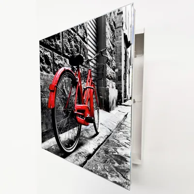 Produktbild von Schlüsselkasten Weiß Metall, Rotes Retro Fahrrad Motiv hinter Glas, Moderne Schlüsselbox rechtsöffnend, 32x28x6,5 cm, 20 Haken für Ordnung.