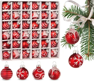 Image de BRUBAKER Set de 36 boules de Noël avec des boules d'arbre de 3 cm - Décorations d'arbre de Noël décorées à la main Mini boules, rouge